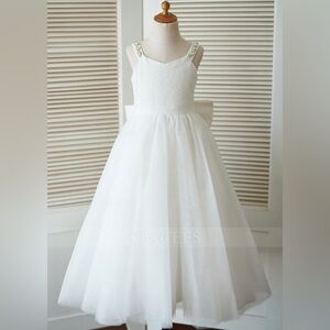 A-line/Princess Scoop Neck Ankle-Length Lace Tulle Flower Girl Dress